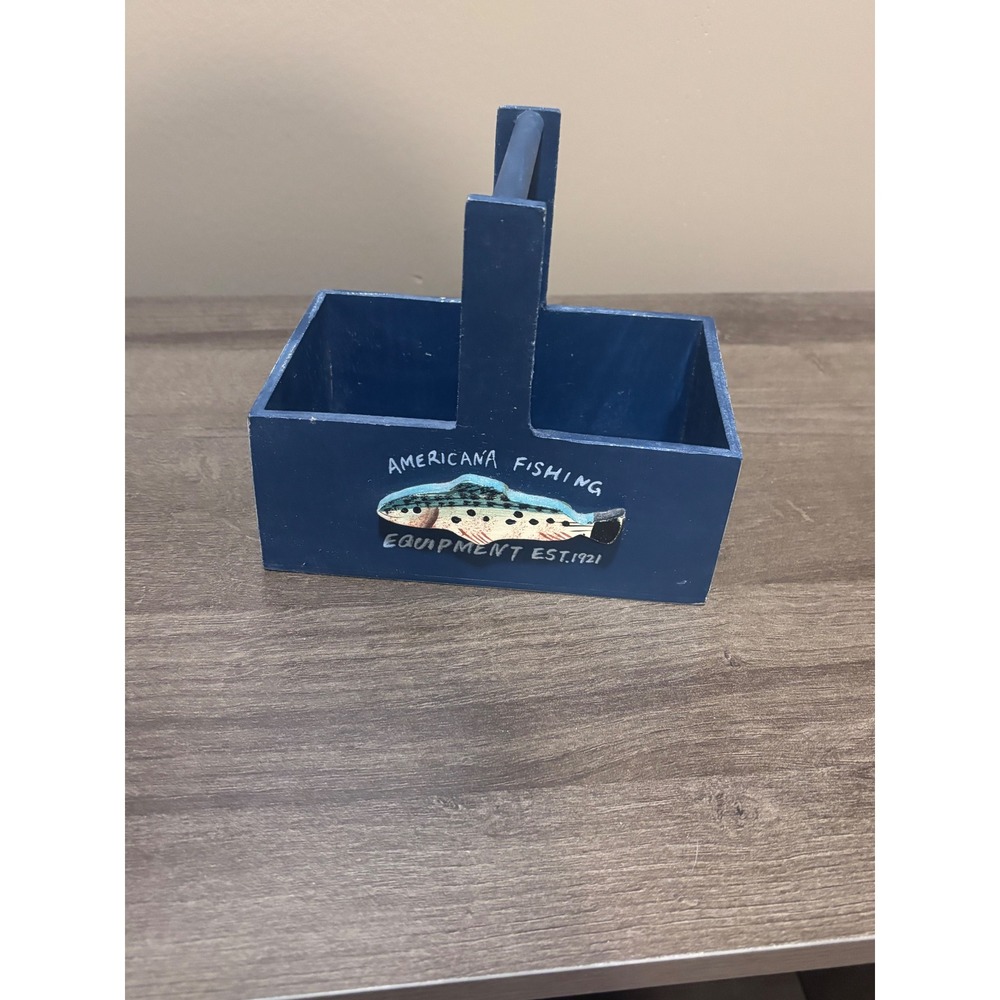 Americana Fishing Equipment Wooden Caddy Blue Fish Decor Storage Box with Handle